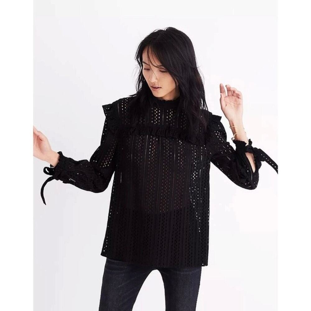 Madewell Black Eyelet Ruffle Mock Neck Long Sleeve Frilly Tie Back Blouse Top XS